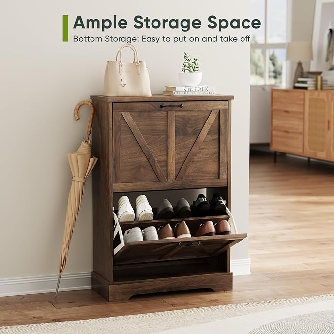 Shoe Cabinet, Shoe Storage Cabinet for Entryway with 2 Flip Drawers, Narrow Farmhouse Shoe Organizer Cabinet, Slim Shoe Rack Cabinet, 23.6in Walnut