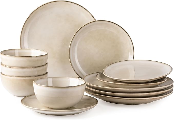 GBHOME Ceramic Dinnerware Sets for 4, 12 Pieces Stoneware Plates and Bowls Sets, Reactive Glaze Dishes -Scratch Resistant, Dishwasher&Microwave Safe-Cappuccino