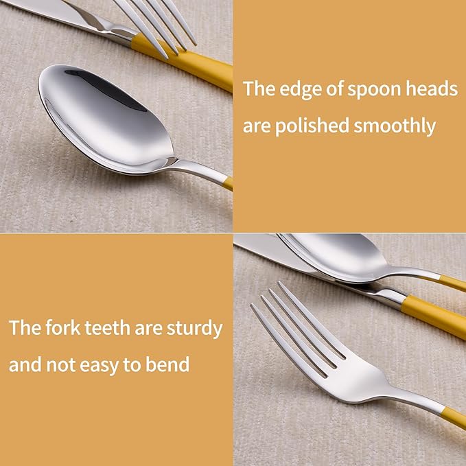 20-Piece Yellow Silverware Set 18/0 Stainless Steel Silverware Set Yellow Handle Cutlery Set Service for 4 Dinner Knives Forks Spoons Set Flatware Set Finish Dishwasher Safe