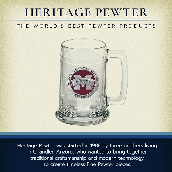 Heritage Pewter Mississippi State Beer Stein Glass | 15 Ounce German-Style Beer Glass | Intricately Crafted Metal Pewter Alma Mater Inlay