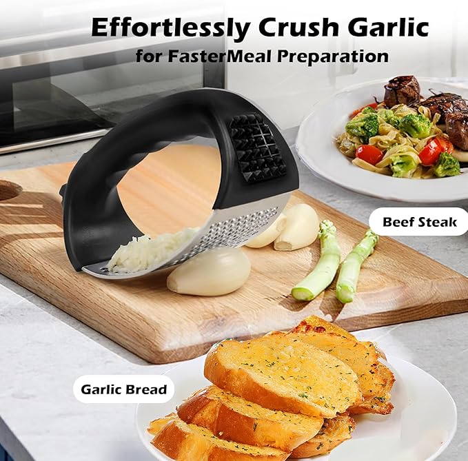 Garlic Press Rocker Set,Stainless Steel Garlic Mincer Tool with Garlic Peeler and Cleaning Brush Kitchen Gadgets Essentials Garlic Chopper