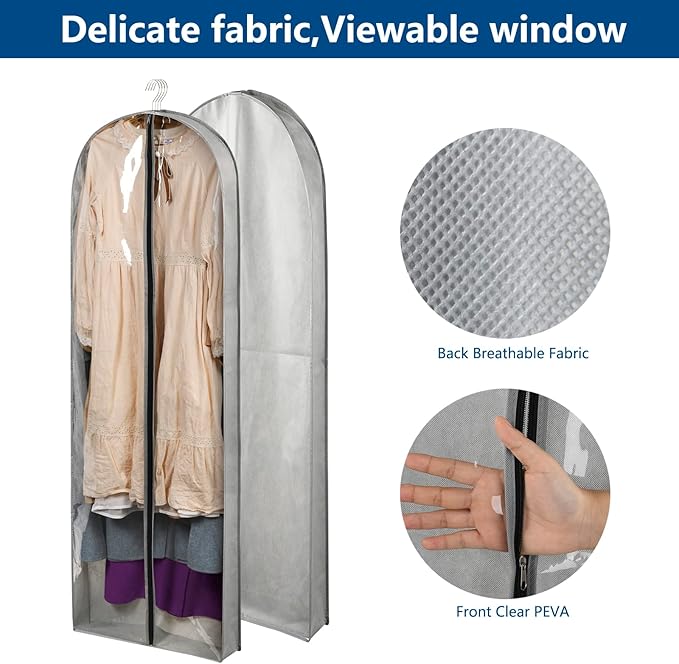 3 Pack 60" Long Garment Bags for Hanging Clothes Storage, Clear Suit Garment Bags with 4" Gussets for Closet Storage Travel, Plastic Protector for Dress Gowns, Coats, Suit, Down Jacket