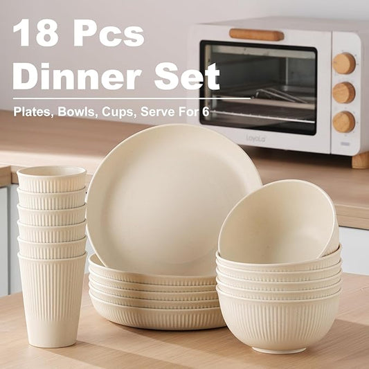 Cythia Dinnerware Sets for 6 Plastic Plates and Bowls Sets Reusable 18 Pcs Kitchen Dishes Set Dinner Camping Plates Cereal Bowls Cups Microwave Unbreakable Tableware Set For Picnic Party