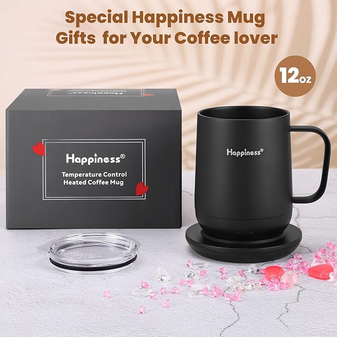 Happiness Smart Heated Coffee Mug,12oz Rechargeable Electric Self Heating Temperature Control Coffee Cup