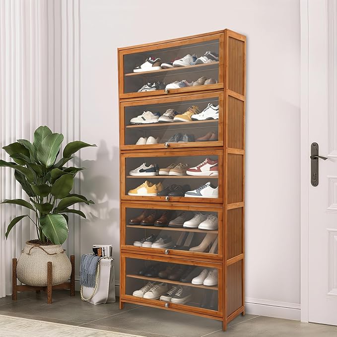 11Tier Bamboo Shoe Cabinet Shoe Storage Cabinet with Doors Freestanding Bamboo Shoe Rack Organizer with Shelves Tall Shoe Cabinet with Clear Doors for Entryway, Hallway, Closet, Living Room