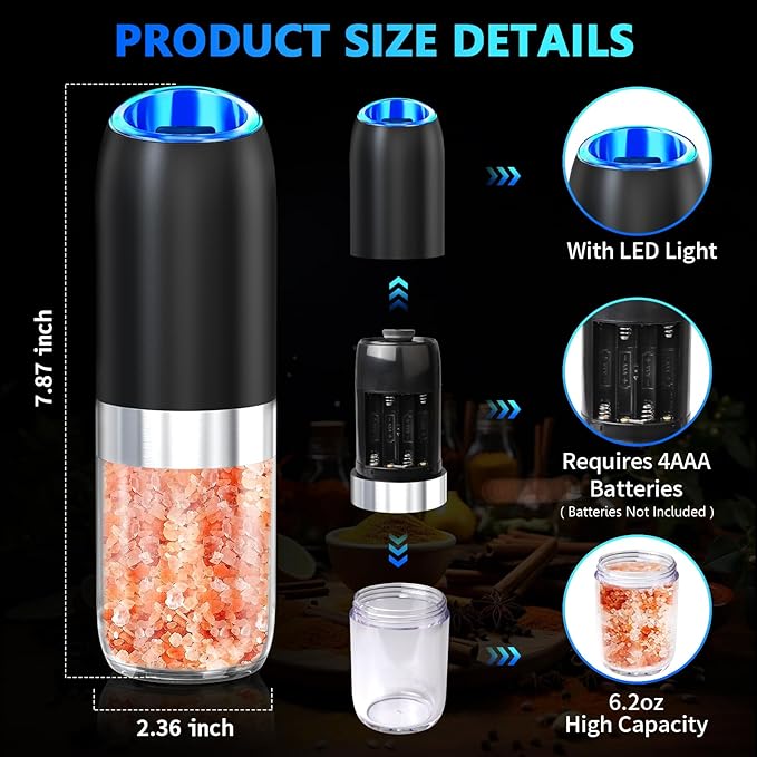 BoAn Gravity Electric Pepper Grinder, Battery Operated Salt and Pepper Grinder Set,Ceramic Larger Chamber Spice Mill Refillable,Adjustable Coarseness Salt Mill for Kitchen Housewarming Gifts New Home