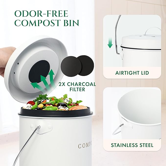White 1.3 Galion Indoor Compost Bin Kitchen Odorless with Lid for Composting Food Waste Bucket for Counters, Stainless Steel Kitchen Compost Bin Countertop Trash Can Scrap Container Composter Caddy