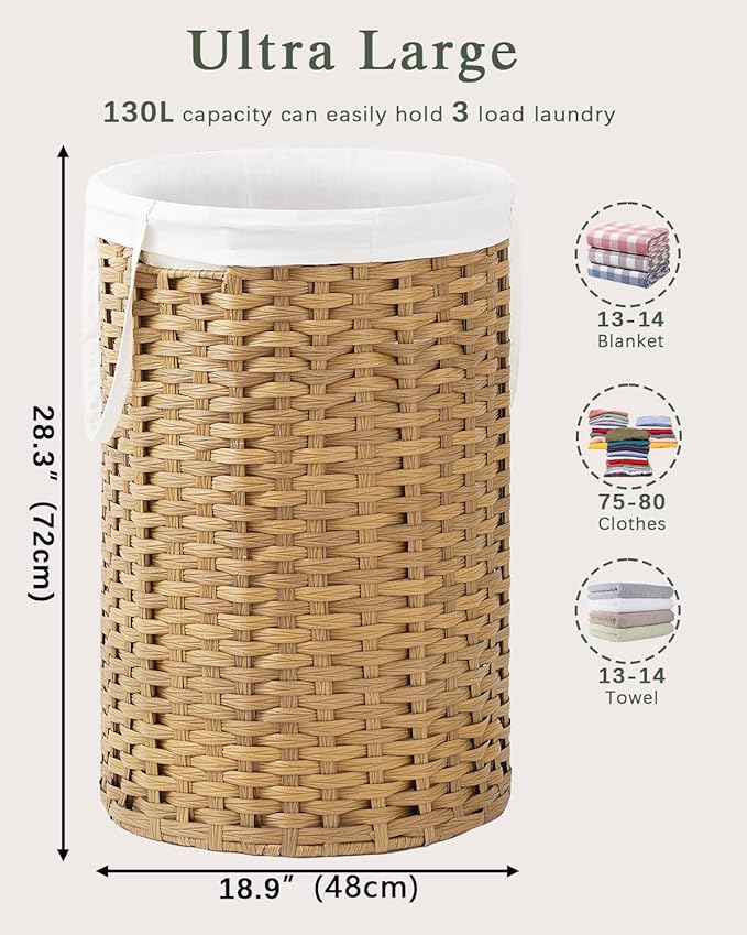 34.3 Gal (130 L) Large Laundry Hamper Laundry Basket Round Handwoven Wicker Laundry Baskets Rattan Laundry Basket with Removable Bag Handles 2 Mesh Bags for Living Room Bedroom Natural