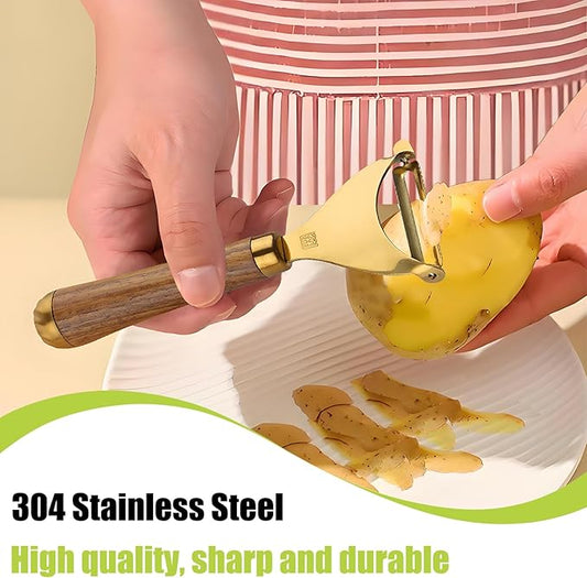 Potato Peelers,Premium 304 Stainless Steel Vegetable Peeler Set, Rosewood Handle For Kitchen, Veggie Fruit Peeler, Apple Carrot Cucumber Peeler,Ultra Sharp Rotary Blade, 2-Piece(Gold)