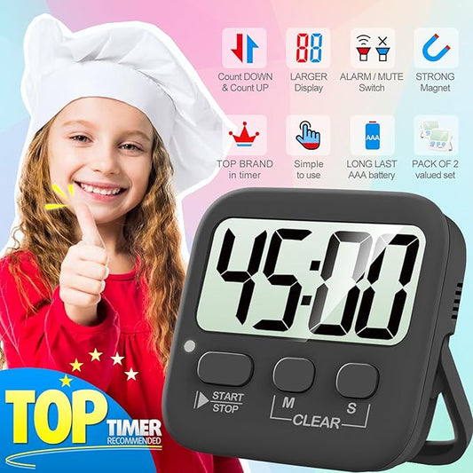 Antonki 2 Pack Digital Timer for Kids, Magnetic Countdown Kitchen Timers for Cooking, Egg, Classroom, Teacher, Exercise, Study, Oven - Battery Included