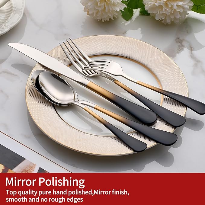 Colorful Silverware Set 20 Piece 18/0 Stainless Steel Flatware Black and Gold Handle Cutlery Set Service for 4 Fork Knife Spoon Set Mirror Finish Dishwasher Safe