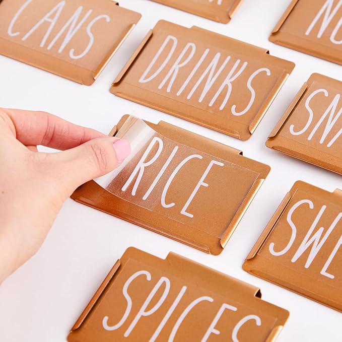 Talented Kitchen Labels for Storage Bins & Holders - 8-Pack Bronze Metal Holders & 40-Piece Set, 2 x 3.5 in - Clip-On Basket & Pantry Labels for Kitchen Organization