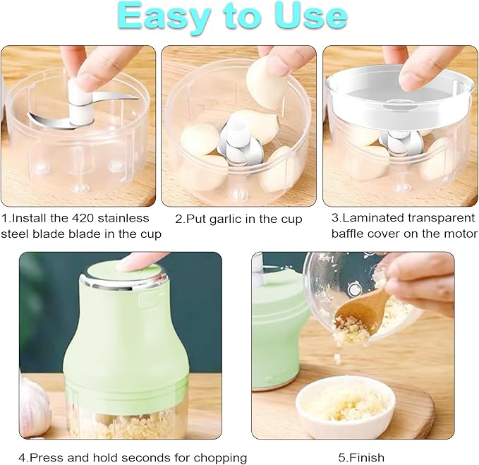 Vegetable Chopper, 100ML Electric Garlic Chopper, Rechargeable Mini Blender, Powerful Small Food Processor, Blender to Vegetable, Wireless Food Cutter for Ginger, Chili, Fruit, Meat, etc(Green)