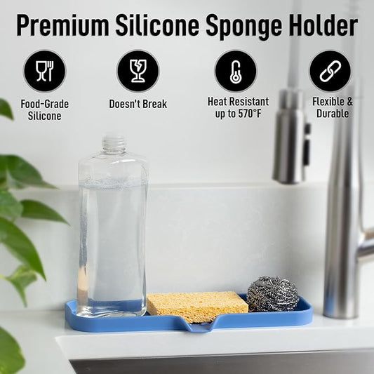 Zulay Kitchen Large Silicone Sponge Holder (12x4) β Flexible Sink Organizer Tray for Kitchen & Bathroom β Multipurpose Soap Dish for Sponges, Makeup, Trinkets & More (Provence Blue)