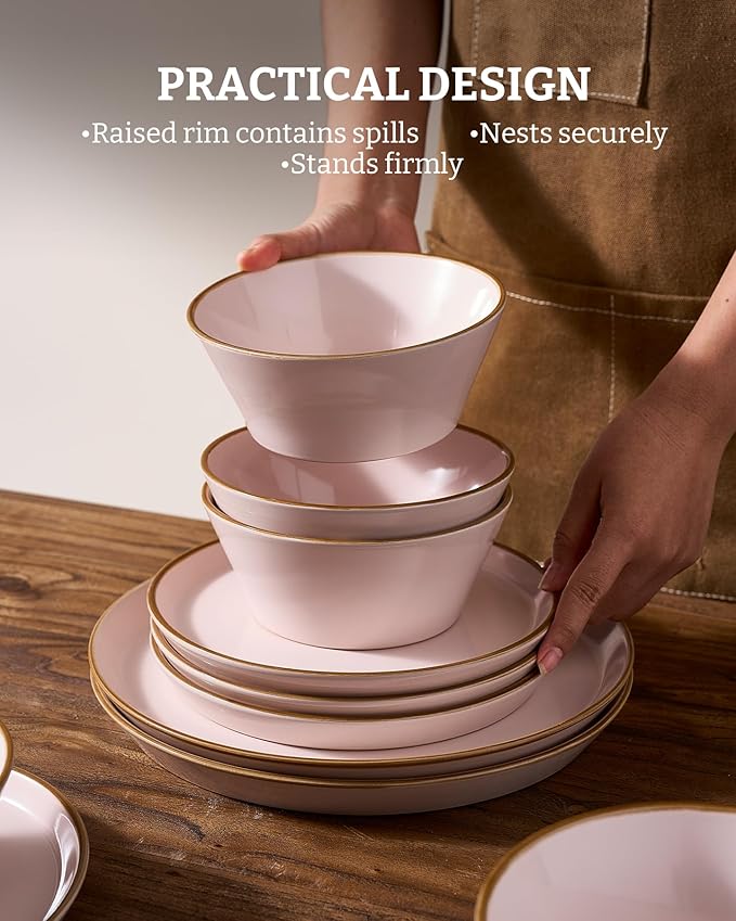 Famiware Saturn Dinnerware Sets, Plates and Bowls Sets for 4, 12 Pieces Stoneware Dish Set - Chip and Scratch Resistant, Microwave and Dishwasher Safe Tableware Set, Light Pink with Rim