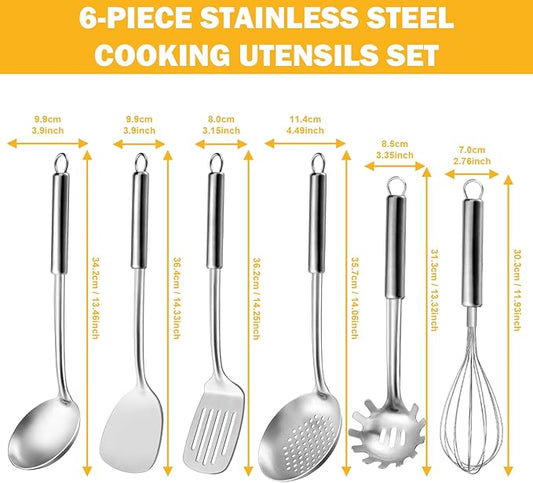 6-Piece Kitchen Cooking Utensils Set, Stainless Steel Kitchen Utensils with Suspendable Handle, Spatula, Slotted Turner, Soup Ladle, Slotted Spoon, Whisk, Pasta Server, Dishwasher Safe