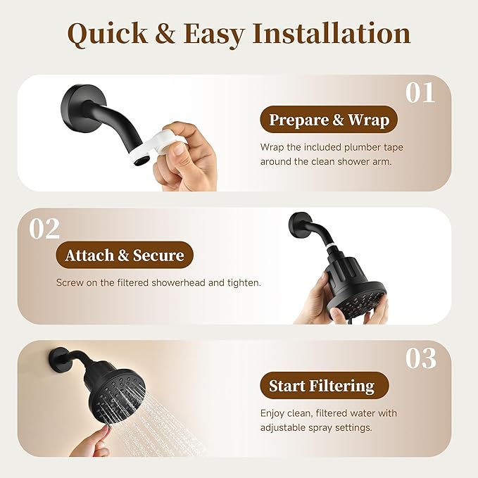 BRIGHT SHOWERS Filtered Shower Head, High Pressure Shower Filter for Hard Water to Remove Chlorine and Impurities, 8 Spray Modes Water Softener Showerhead for Hair and Skin Care, Matte Black