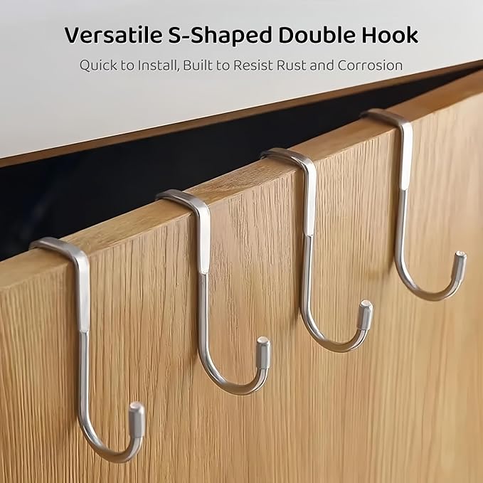 Over Cabinet Door Hook & Wardrobe Door Hook, Stainless Steel Hanging Hooks for Towels, Bags, Clothes – Bathroom Door Hooks for Towels, Kitchen Cabinet Hooks, Wardrobe Hooks, Dorm Room Hangers (4)