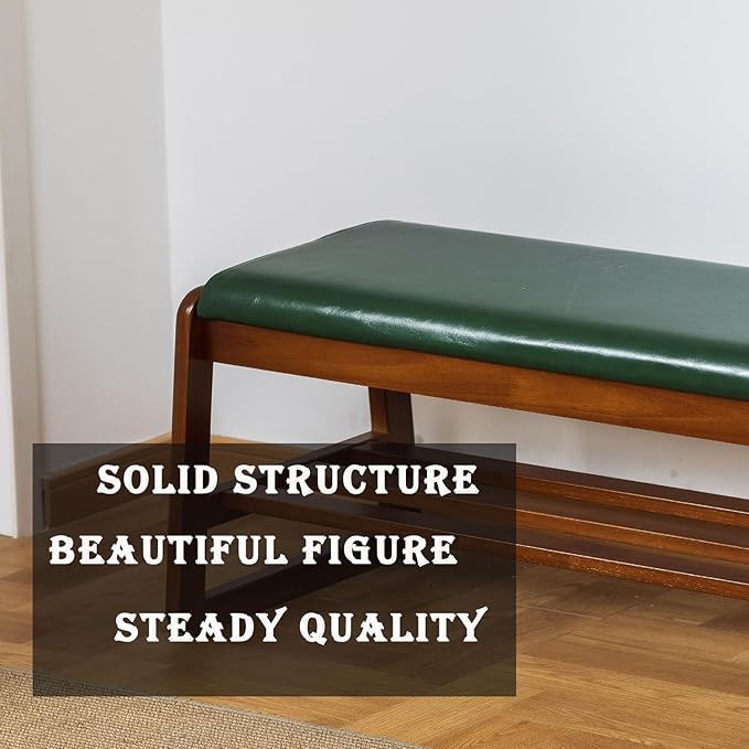 latifolia Solid Wood Bench, Entryway Shoe Bench with Cushion, 2 Tier Shoe Storage Organizer for Hallway, Living Room(Green,21.65''L)