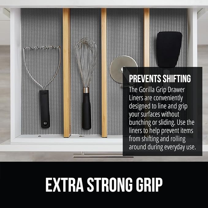 GORILLA GRIP powerGRIP Drawer Shelf and Cabinet Liner, Thick Strong Hold, Non-Adhesive Liners Protect Kitchen Cabinets and Cupboard, Bathroom Drawers, Easy Install, Breathable Mat, 20" x20', Gray