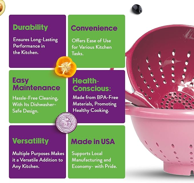 Crisp 2-Piece Mini Colander Berry Baskets With Handles - Food Strainers For Kitchen - Small Colander For Berries, Strawberry & Grape - Dishwasher Safe Berry Strainer - Made in the USA - Pink