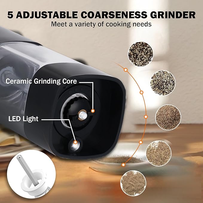 Electric Salt and Pepper Grinder Set, Rechargeable Electric Pepper Grinder with LED Display, Adjustable Coarseness, Large Capacity Refillable Salt and Pepper Shakers, Ideal for Kitchen, BBQ, Gift