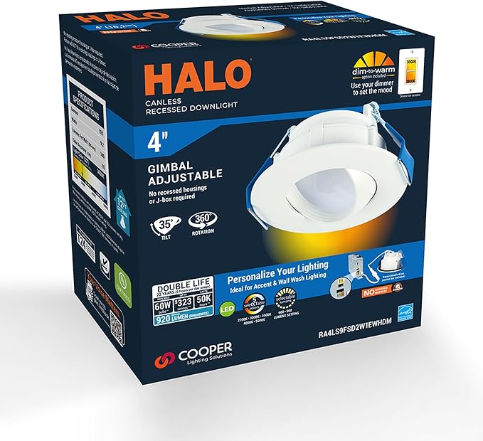 HALO RA 4-Inch Canless LED Recessed Downlight with Adjustable Gimbal, Selectable Lumens and Color Temperatures, Dim-to-Warm - RA6LS9FSD2W1EWHDM