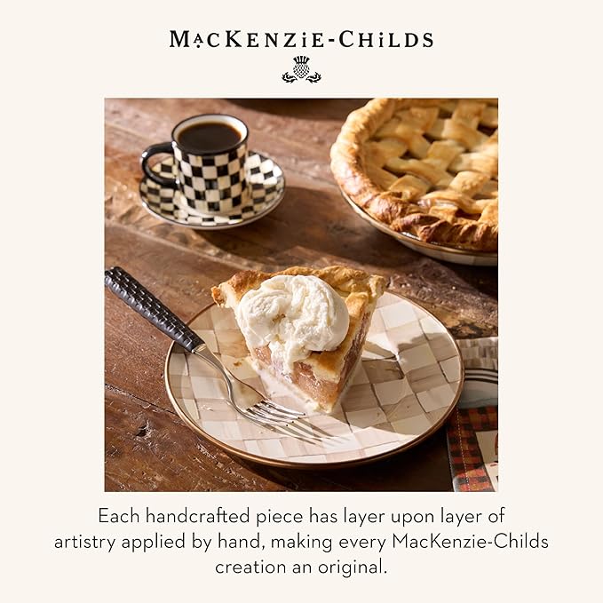 MACKENZIE-CHILDS Set of 2 Stoneware Espresso Cup and Saucer, Cute Coffee Cups, Black-and-White Courtly Check