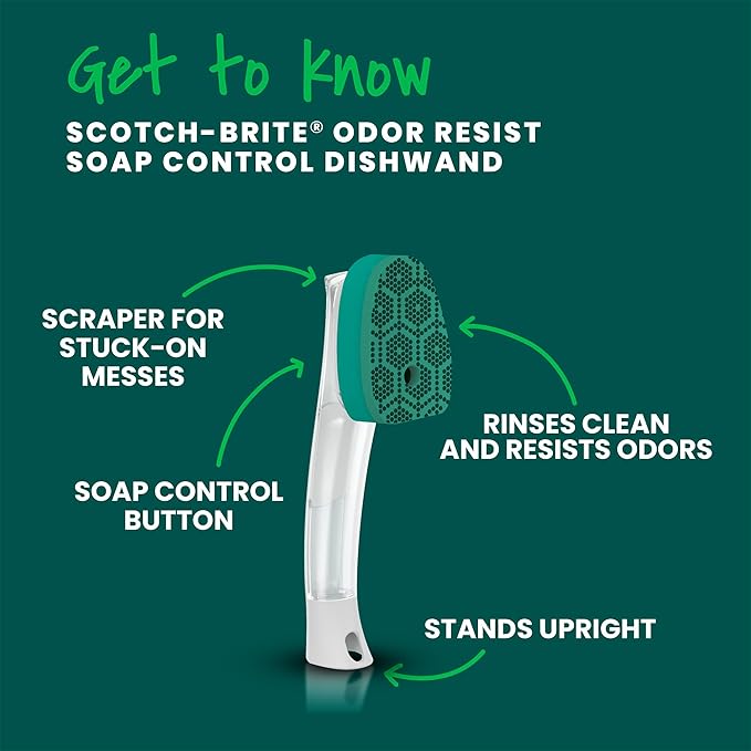 Scotch-Brite Advanced Soap Control Heavy Duty Dishwand Full Kit with 6 Heavy Duty Scrub Dots Refills, Leak-Free Soap Dispensing, Non-Slip Handle, Tough Scrubbing for Kitchen Dishes, Pots & Pans