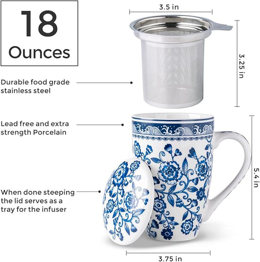 AmorArc Porcelain Tea Mug with Infuser and Lid, 18 Oz Tea Cup with Handle for Loose Leaf Tea, Gift for Tea Lovers of Men and Women