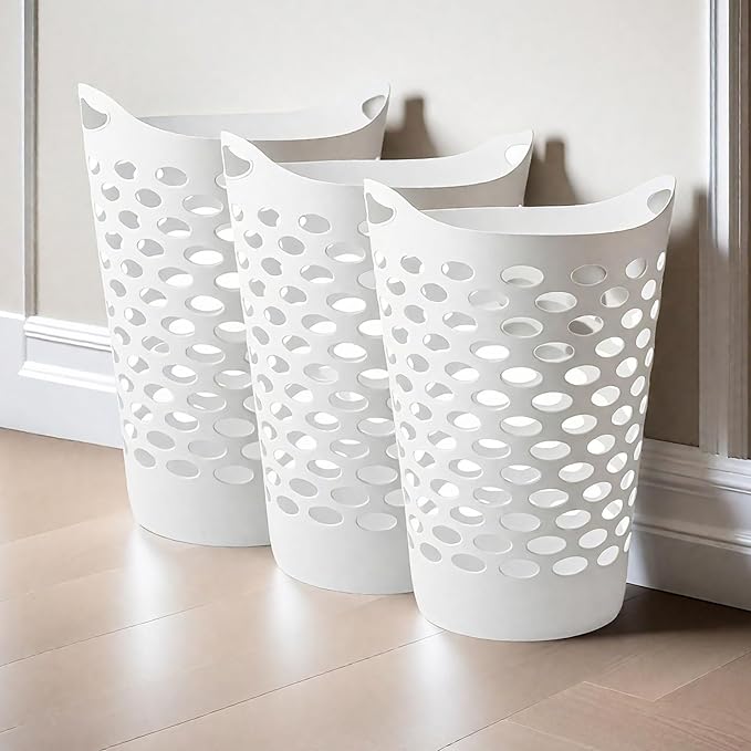 (3 Pack) Plastic Round Laundry Hamper, White - 2.2 Bushel Capacity, Lightweight & Durable with Carrying Handles for Home, Dorm, Bedroom, Apartment & Bathroom
