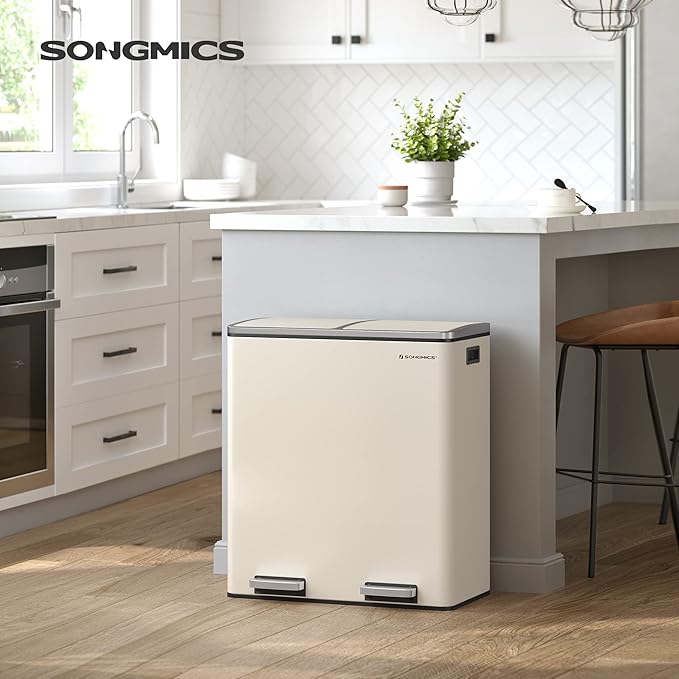 SONGMICS Trash Can, 2 x 8 Gallon (2 x 30 L) Garbage Can for Kitchen, with 15 Trash Bags, 2 Compartments, Plastic Inner Buckets and Hinged Lids, Airtight, Almond Color ULTB201A01