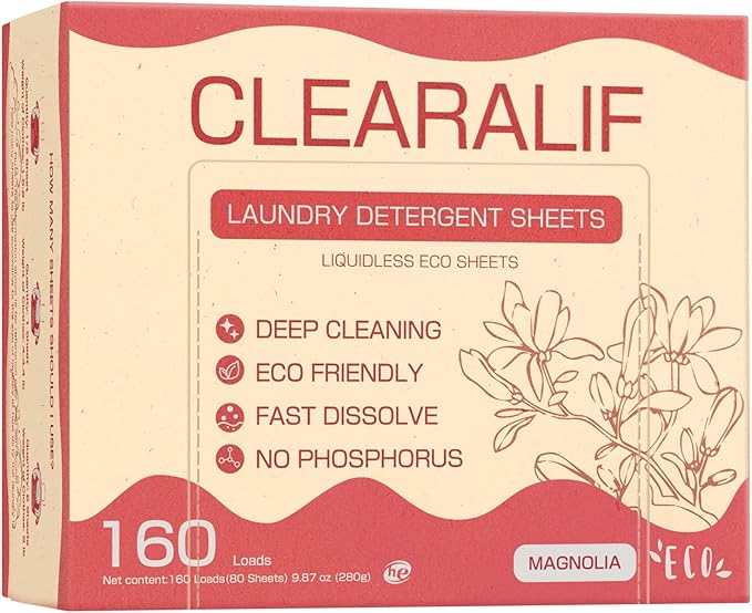 Laundry Detergent Sheets Up to 160 Loads, Magnolia - Great For Travel,Apartments, Dorms,CLEARALIF Laundry Detergent Strips Eco Friendly & Hypoallergenic - 80 Sheets