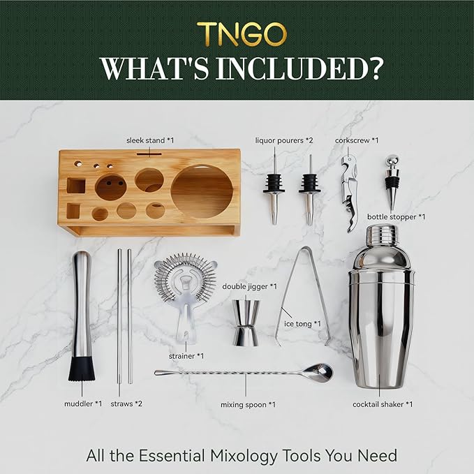 TNGO Cocktail Shaker Set Bartender Kit - Mixology Bar Kit with Natural Stand - Premium Home Bar Tool Set All Bar Accessories Includes Drink Mixer, Muddler, Jigger, Strainer, Bar Mixer Spoon