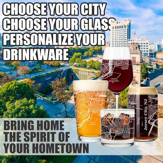 Blue Ridge Mountain Gifts - Jersey City Souvenir - New Jersey Glassware Gift, Etched City Map, Laser Engraved and Dishwasher Safe