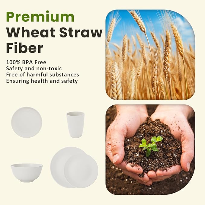 Homienly 40- Pieces Wheat Straw Dinnerware Set, Service for 8, Lightweight Roud Plates and Bowls Set, Unbreakable Dishes Set- Dinner Plates, Bowls, Cups,Microwave and Dishwasher Safe(White)