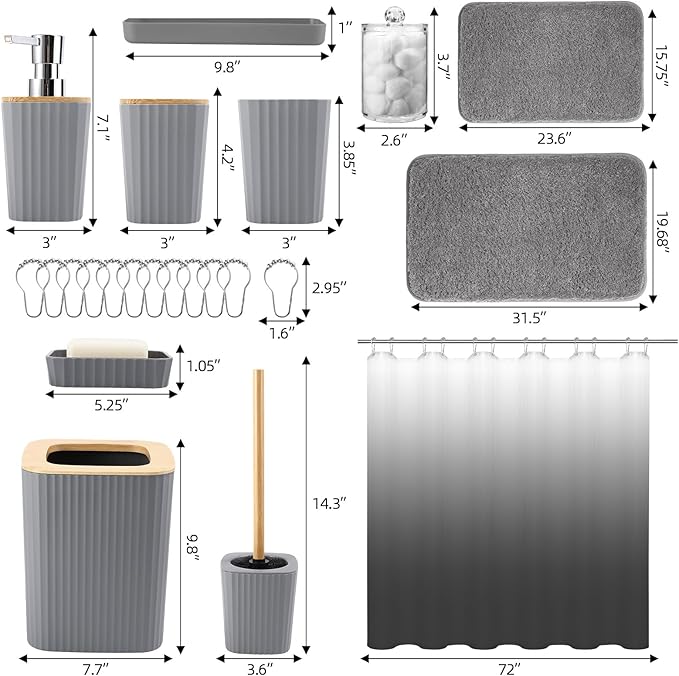 Bathroom Accessory Set–Bathroom Set with Shower Curtain and Rugs, No Slip Bathroom Rugs Super Absorbent, Grey Ombre Waterproof Shower Curtain with Hooks, Gray Bathroom Sets Complete for Home