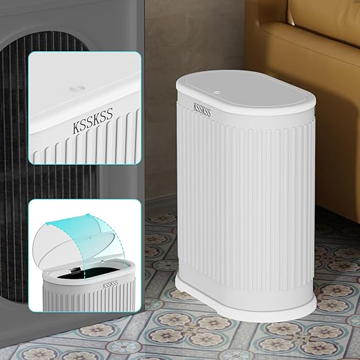 1.8 Gallons Small White Bathroom Trash Can with Lid, Slim Bathroom Garbage Bin, Removable Liner Bucket, Dog Proof Trash Can with Pop-Up Lid for Bedroom,Toilet