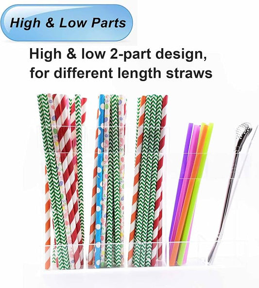 Acrylic Straw Organizer with Adhesive Backing, High & Low Parts for Long and Short Straws, Utensils, 5-Compartment Clear Kitchen Storage Spoons Dispenser Container Inside Cabinet Door Mount Holder
