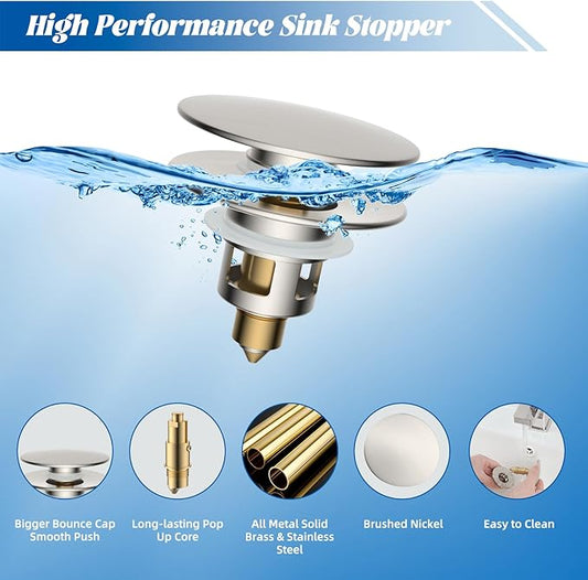 Hibbent All Metal 2 in 1 Bathroom Sink Stopper, Universal Pop Up Drain Strainer, Brass Bullet Core Push Type Sink Stopper for 1.1''~2.3'' Basin, Big Push Button, Anti Clogging Filter, Brushed Nickel