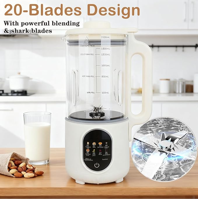 50oz Nut Milk Maker,10 in 1 Nut Milk Maker Machine with 20 Blades,Plant-Based Milk Maker for Soy,Juice, Fruit, Oat, Almond & Temp Hold, Delay Start, Boil & Auto Clean
