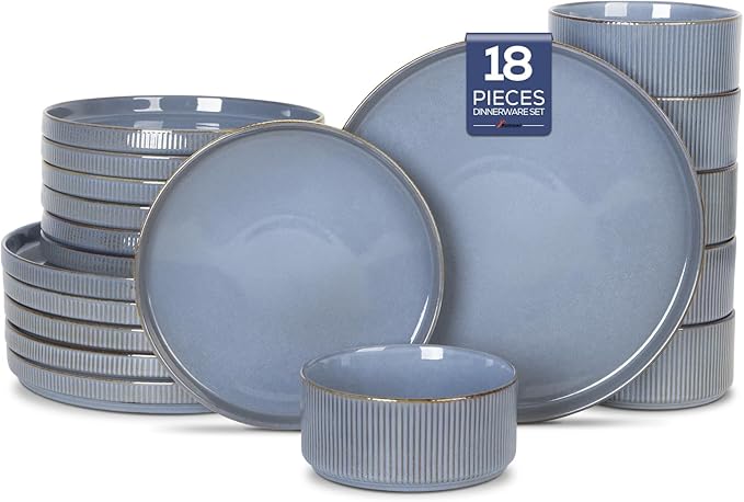 Romswi Ceramic 18Pcs Dinnerware Sets,Stoneware Plates and Bowls Set for 6, Chip & Scratch Resistant Ribbed Dish Set, Handmade Reactive Glaze, Oven, Microwave & Dishwasher Safe, Gray Blue