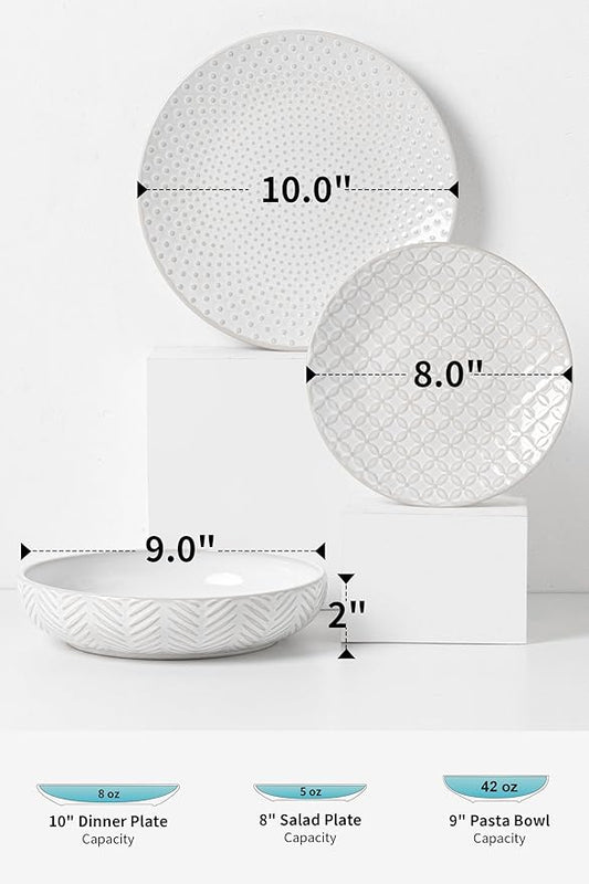 24-Piece Embossed Ceramic Dinnerware Set–8 Dinner Plates, 8 Salad Plates, 8 Pasta Bowls,Elegant & Durable Tableware for Large Families, Dishwasher & Microwave Safe