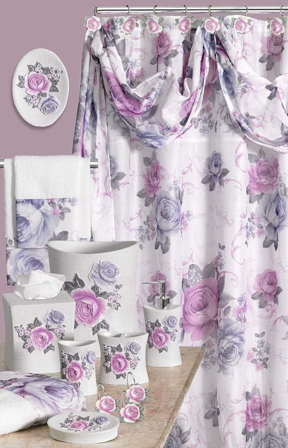 Zahari Home 13pc Michelle Bathroom Shower Curtain Sets Shower Curtain & 12 Shower Bathroom Hooks Modern Classic Luxury Contemporary Decor Floral Shower Curtain Stylish Bath Sets