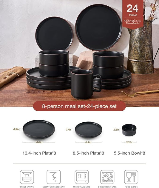 Famiware Nebula Ridge Stoneware Dinnerware Sets for 8, 24 Pieces Plates and Bowls Sets, Dishes Set, Microwave and Dishwasher Safe Kitchen Plates, Matte Black