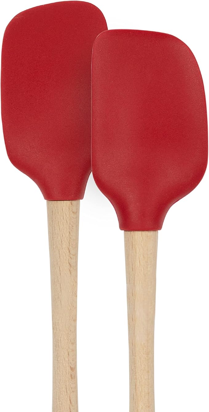 Tovolo Silicone Spatula with Wooden Handle Set of 5 Piece Silicone Kitchen Utensil Set Spoonula Jar Scraper Mini Spatula and Spoonula for Cooking Baking Mixing Folding Cayenne Red