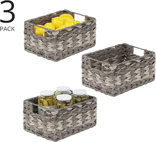mDesign Woven Farmhouse Kitchen Pantry Food Storage Organizer Basket Bin Box - Container Organization for Cabinets, Cupboards, Shelves, Countertops - Store Potatoes, Onions, Fruit - 3 Pack, Gray Ombre