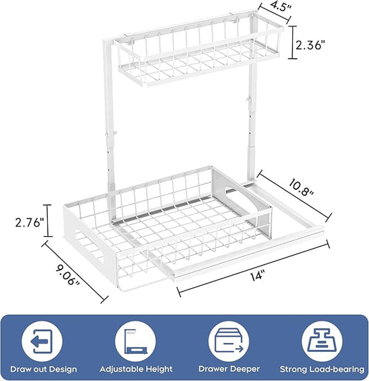 Under Sink Organizer, 2 Pack Height Adjustable Cabinet Organizer with Slide Out Drawer, Pull Out Under Sink Storage, Multi-Purpose 2 Tier Sink Shelves for Kitchen Bathroom Pantry (White, 2 Pack)
