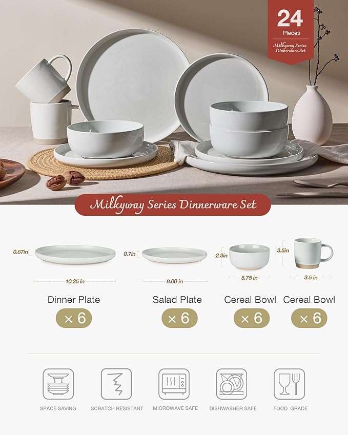 Famiware Milkyway Stoneware Dinnerware Sets with Mugs, Service for 6 (24 Pieces), Plates and Bowls Sets -Scratch Resistant, Microwave and Dishwasher Safe Dishes Set, Light Gray