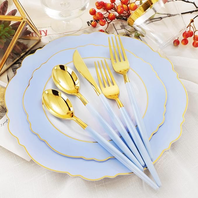 WDF 150pieces Baby Blue Plastic Plates with Gold Rim - Disposable Gold Plastic Silverware With Blue Handle-Baroque Light Blue&Gold Disposable Plates Dinnerware for Wedding/Party